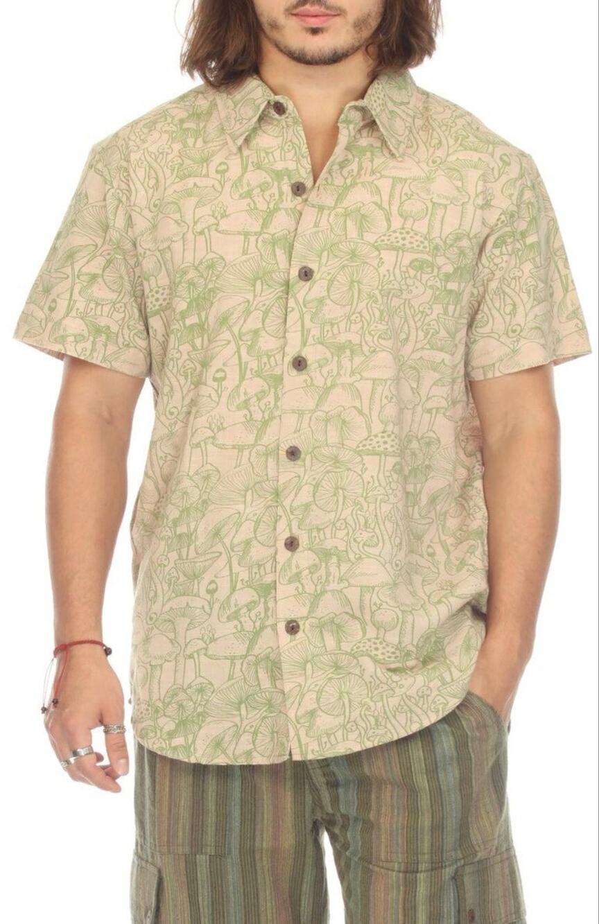 Men’s Mushroom Print Cotton Button Down Shirt – Large Green & Tan